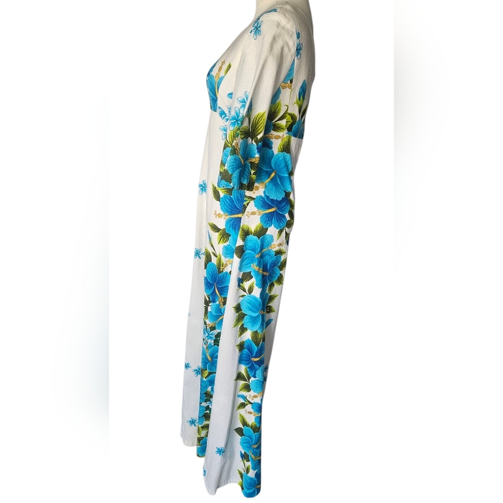 🌺 Ui-Maikai VTG Hibiscus + Plumeria Floral Maxi Dress Blue/White - Picture 2 of 8